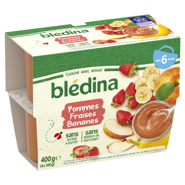 Blédina Compote bébé 4 mois Pommes fraises 4x100g 400g 