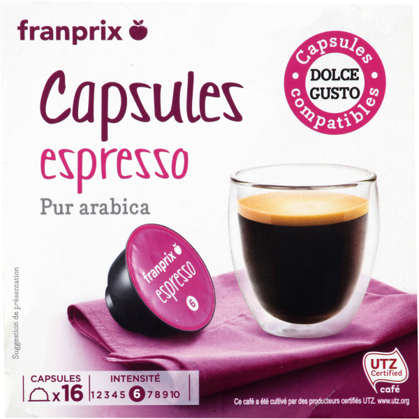 Café capsules compatibles Dolce Gusto intensité 6 franprix x16 sur