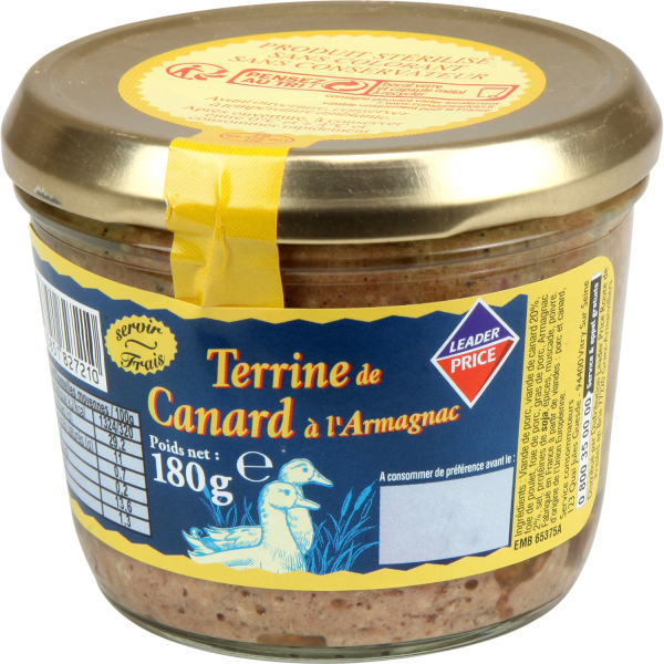 Terrine de canard à l'armagnac Leader price 180g sur franprix.fr