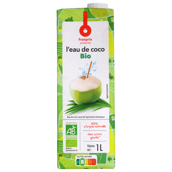 Eau de coco sans sucres ajoutés Bio franprix 1l sur