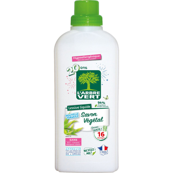 Lessive liquide hypoallergénique au savon végétal L'Arbre Vert 720ml sur